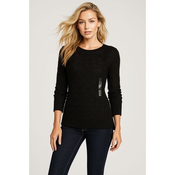 ANN TAYLOR BLACK CABLE KNIT ACADEMIA CASUAL CLASSIC PREPPY WOOL SWEATER SZ L NWT - Picture 1 of 4